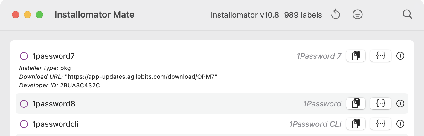 Screenshot of latest Installomator Mate, showing the new label details.