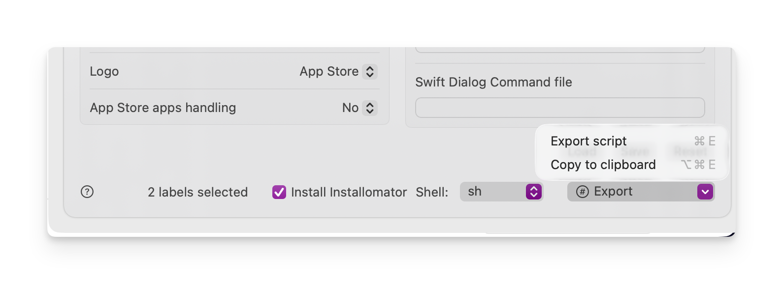 Screenshot showing the option to install Installomator and the keyboard shortcuts for exporting scripts.